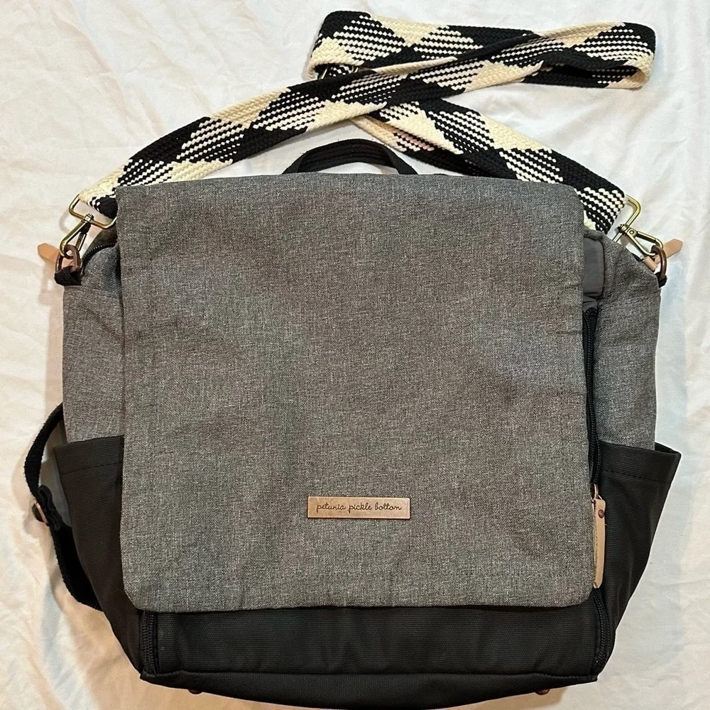 Petunia Pickle Bottom boxy backpack diaper bag graphite/black gingham strap